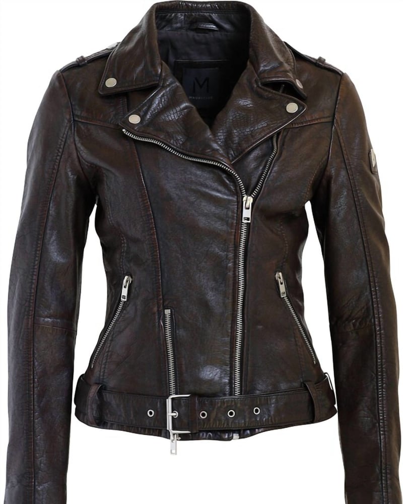 Front of a size L Wild Rf Leather Jacket in Mahogany in Mahogany by MAURITIUS. | dia_product_style_image_id:363517